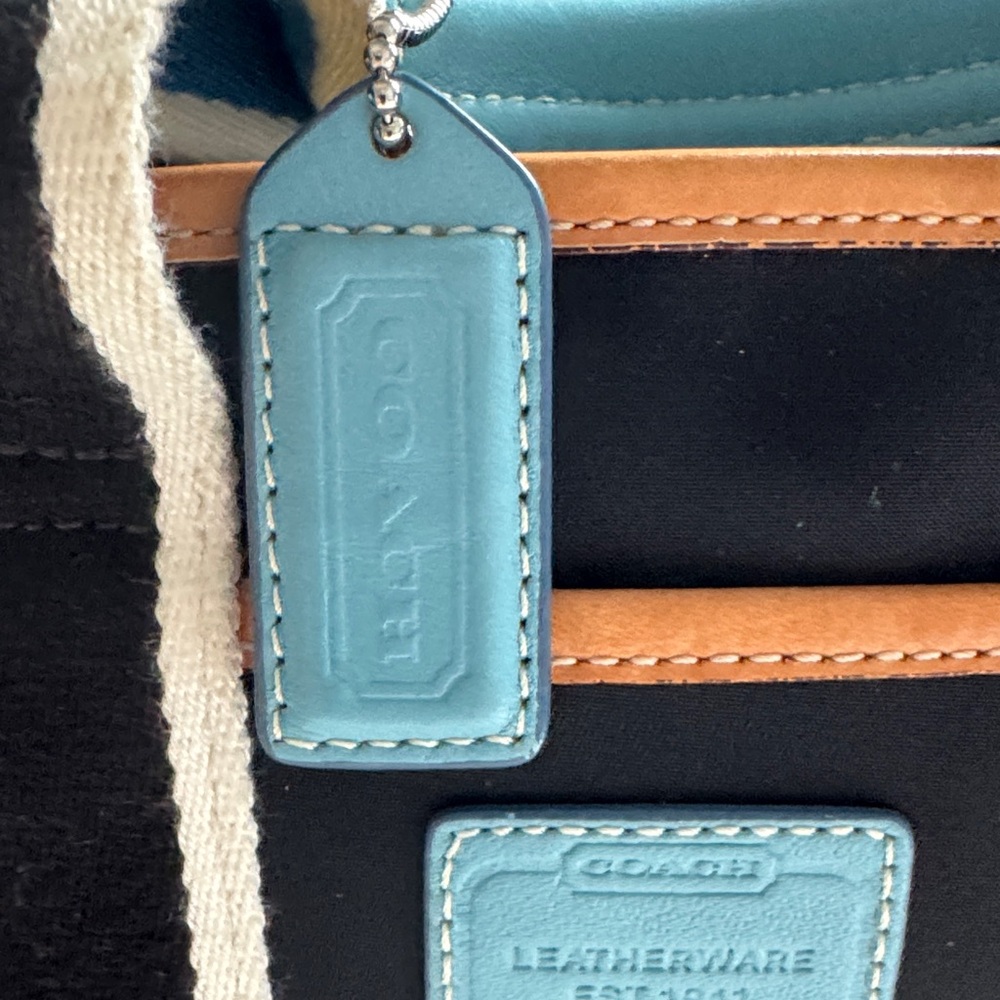 Coach Black Tote with Light Blue Accents and Cream Trim - Picture 3 of 16